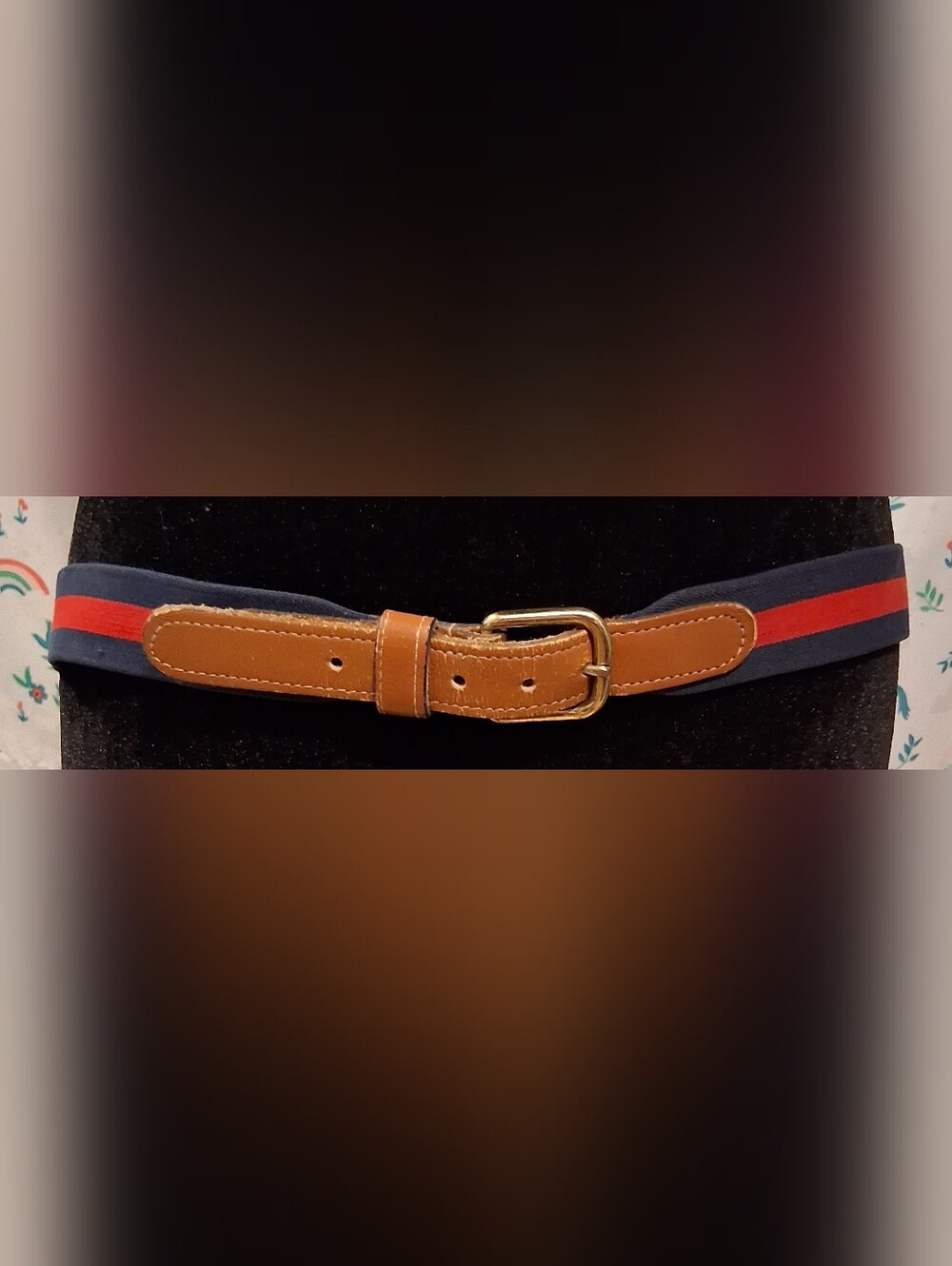 EUC Vintage Lacoste Blue & Red Cotton Stripe Tan Leather Unisex Casual Belt 39in